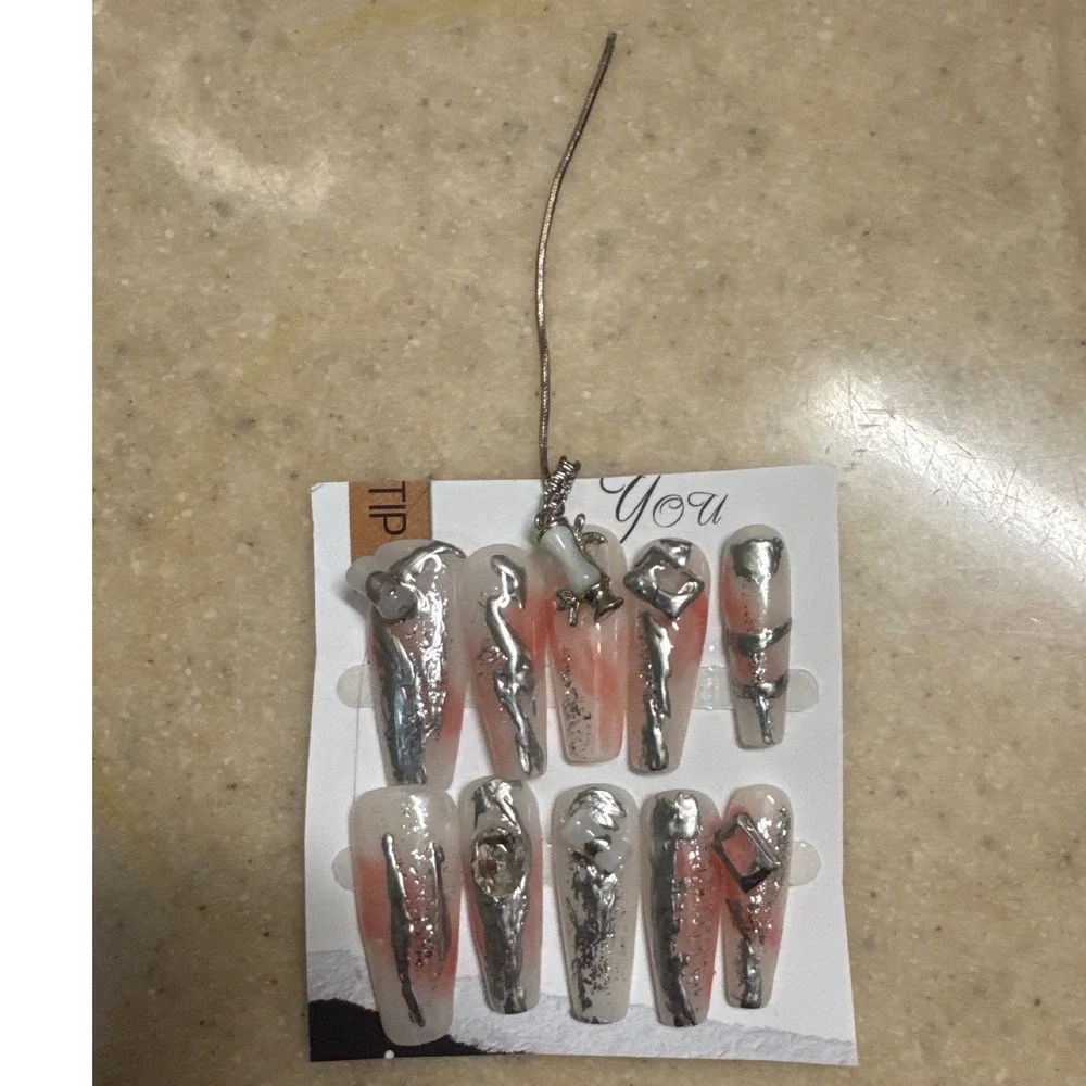 3D Chrome Silver Abstract Press On Nails Long Coffin‎ Pink Ombre 10pc Set